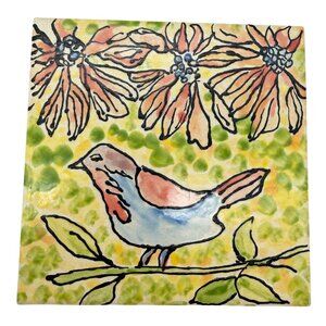 Hand painted Ceramic tile bird trivet hot plate blue red Signed Coronado 6x6